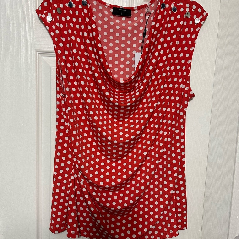 T Tahari Red and White Polka Dot Blouse NWT